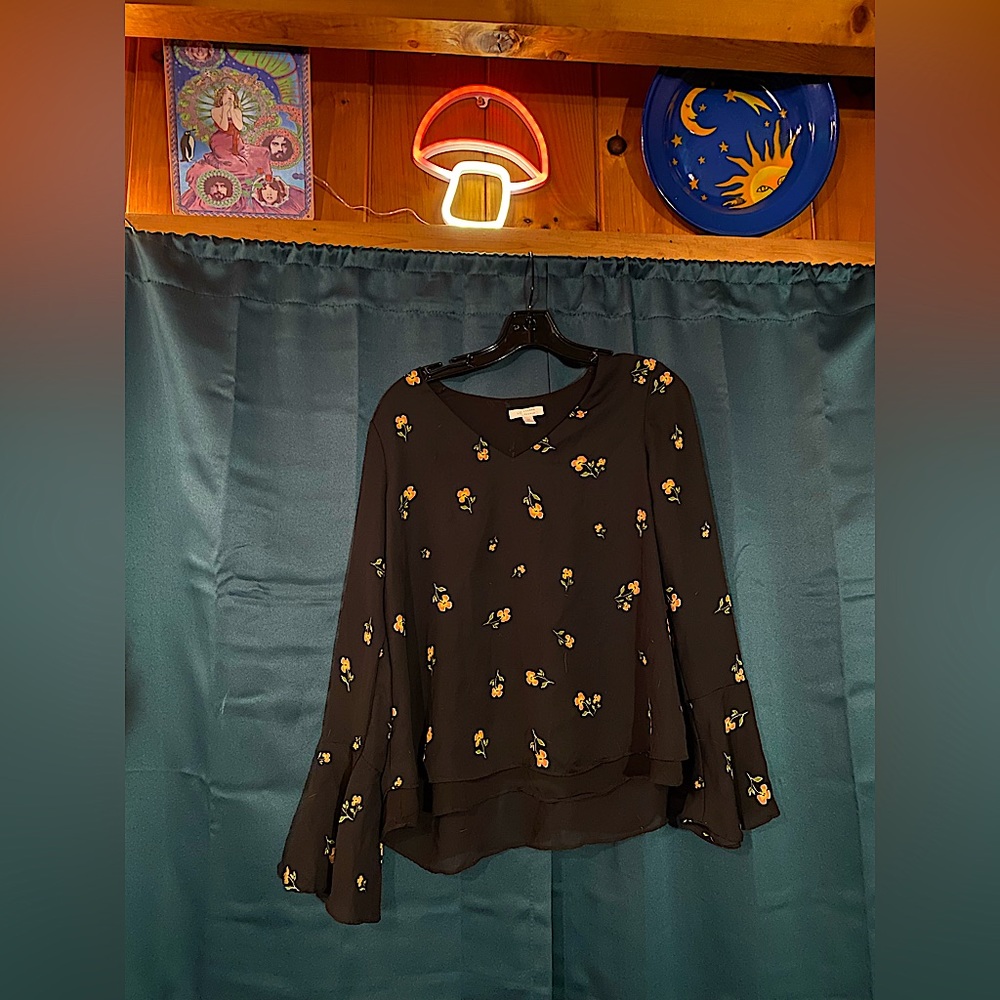 Black blouse w/ orange pansy’s